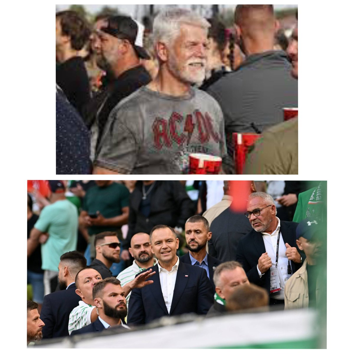 Silni razem 👇
Prezydent Czech na koncercie AC/DC w Pradze 
Ale super prezydent, blisko ludzi, szkoda że w Polsce nie ma takiego! 

Prezydent Nawrocki na meczu Lechii: 
Ale opciach, fstyt na cały świat, co ludzie powiedzom?!