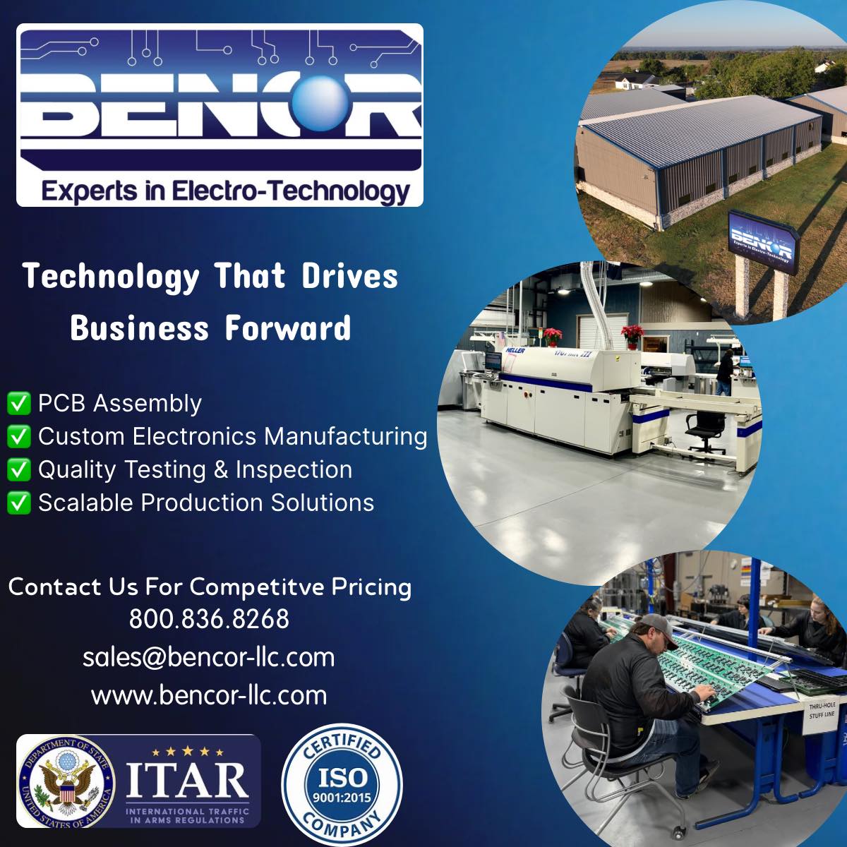 BencorLLC's tweet photo. BENCOR — Your trusted EMS partner for:
• PCBA
• Cable/Wire Harness
• Box Build
• Custom Electro-Mechanical Assemblies

Serving industrial, medical, aerospace &amp; consumer electronics.
📞 Let’s build something great together! https://t.co/xc9xGvnk7Y