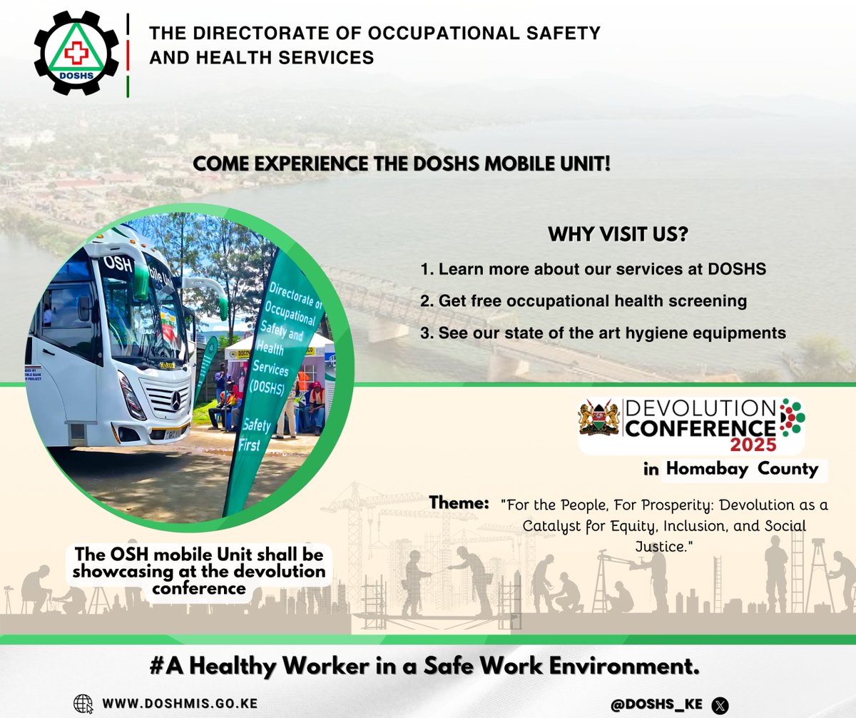 DOSHS_KE's tweet photo. Our OSH mobile unit brings health surveillance services to the door step of your workplace. 
The unit shall be showcasing at the ongoing #Devolutionconference2025
Grab a chance to learn more about occupational health. https://t.co/NYkIYdY2BT