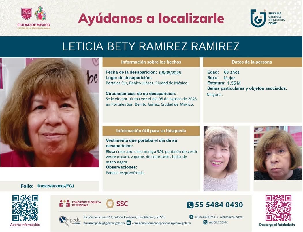 Martha Laura Covián (@mcovian) on Twitter photo LETICIA BETY RAMIREZ RAMIREZ #Desaparecida Ayudemos a localizarla.
Vecina de <a href="/La_Portales/">Colonia Portales</a>
<a href="/MdoPortalesBJ/">Mercado Portales BJ</a> <a href="/LOMMX/">Eugenia Callejas</a> <a href="/Barbieroja/">Areli Rojas Rivera</a> <a href="/AlertaPlateada/">Alerta Plateada</a> <a href="/Monicucha/">Monicucha</a>
#AlertaPlateada LETICIA BETY RAMIREZ RAMIREZ #Desaparecida Ayudemos a localizarla.
Vecina de <a href="/La_Portales/">Colonia Portales</a>
<a href="/MdoPortalesBJ/">Mercado Portales BJ</a> <a href="/LOMMX/">Eugenia Callejas</a> <a href="/Barbieroja/">Areli Rojas Rivera</a> <a href="/AlertaPlateada/">Alerta Plateada</a> <a href="/Monicucha/">Monicucha</a>
#AlertaPlateada