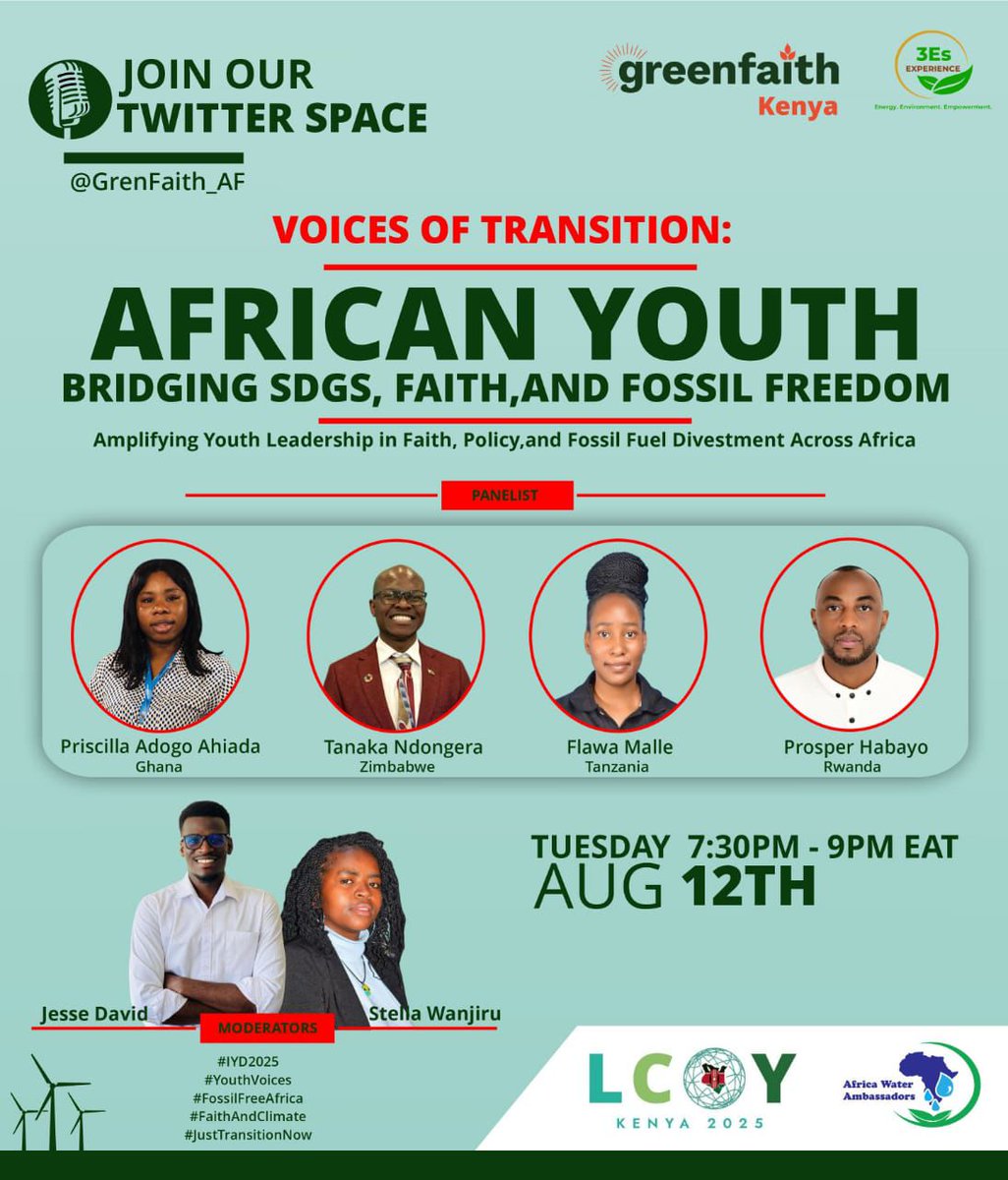 GreenFaith Africa (@greenfaith_afr) on Twitter photo Africa’s youth, let’s GO! 
Tonight 7:30 – 9:00 PM (EAT)  we’re live on GreenFaith Kenya  X Space
💡 Bridging SDGs, Faith & Fossil Freedom
We’re loud. We’re bold. We’re DONE with fossil fuels.
Join the conversation
#FossilFreeAfrica #YouthPower #IYD2025 #Faith4Climate Africa’s youth, let’s GO! 
Tonight 7:30 – 9:00 PM (EAT)  we’re live on GreenFaith Kenya  X Space
💡 Bridging SDGs, Faith & Fossil Freedom
We’re loud. We’re bold. We’re DONE with fossil fuels.
Join the conversation
#FossilFreeAfrica #YouthPower #IYD2025 #Faith4Climate