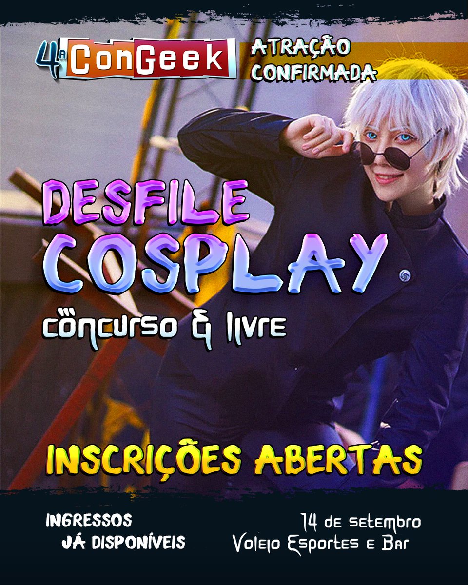 congeek3's tweet image. 🎭 Inscrições abertas para os desfiles cosplay! ✨

Prepara teu figurino, escolhe a melhor trilha sonora e vem brilhar no palco da ConGeek! 💥 Estamos de volta com duas modalidades de desfile!

Confira todas as informações no link da bio do nosso Instagram!

#eventogeek #pelotas