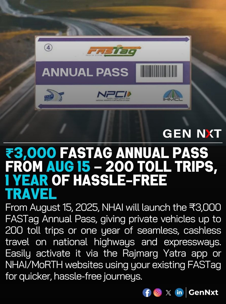 GenNxt_realty's tweet photo. NHAI’s FASTag Annual Pass starts Aug 15! Pay ₹3,000 for 200 toll-free trips or 1 year of hassle-free highway travel. 

Seeking premium homes in Western Hyderabad?
📞 77021 49233 | 70932 03157
📱 WhatsApp: https://t.co/EM4mIP33LT

#FASTag #HighwayTravel #GenNxt #GenNxtRealty https://t.co/aItXxK0I4y