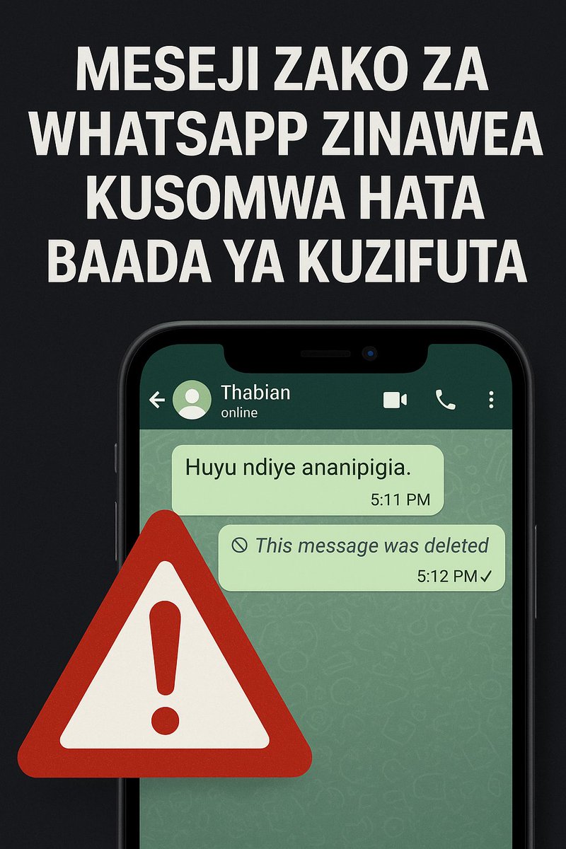 #UZI

💨JINSI WANAVYOREJESHA MESSAGE ZAKO ZA WHATSAPP ULIZOFUTA.

Wengi tunadhani tukibonyeza "Delete for everyone" basi meseji imepotea kabisa…

Lakini ukweli ni kwamba, kuna njia za kitaalamu za kuzifufua tena.

Na hii thread itakufungua macho 👇