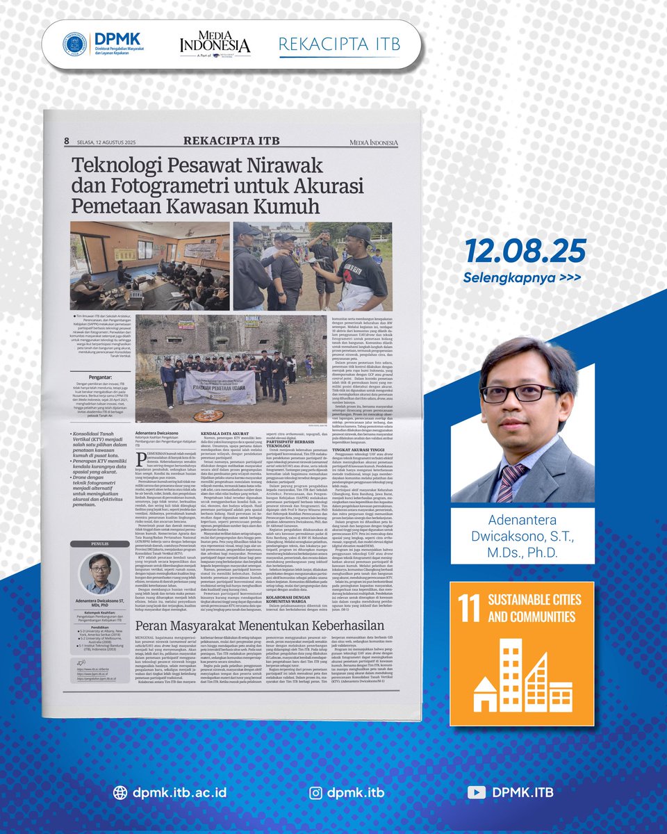 driitb's tweet photo. Rekacipta ITB Media Indonesia edisi Selasa 12 Agustus 2025. Teknologi Pesawat Nirawak dan Fotogrametri untuk AKurasi Pemetaan Kawasan Kumuh. Penulis Adenantera Dwicaksono, S.T., M.Ds., Ph.D. #itb #itbberdampak #pemetaan #UAV #rekacipta #rekaciptaitb https://t.co/w7cfGF3tSJ