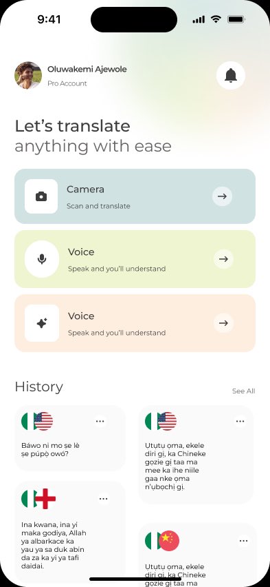 Redmix_designs's tweet photo. It was fun designing this home
Page for an Ai translator App, really solves a lot of User problem when it come to talking to natives in Nigeria and having an effective communication.
No barriers nowwww😀😀😀 #PWJCommunity #jolomidesigns #jolomiomadeli #UIDesign #solution https://t.co/RKaGyqUMZf