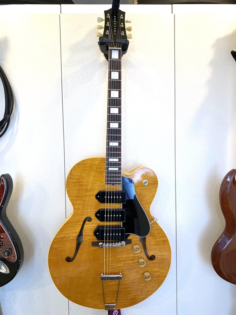 guitarlinetokyo's tweet photo. KING SNAKE Three Bone Tを無料レンタルギターとして導入しました!フルアコ構造ですが、薄いボディですので、レッスンでも使いやすいかと思います。8月中は5階に置いておき、9月になりましたら3階へ置くようにします。ぜひレッスンでご活用ください!#KingSnake #KingSnakeGuitar #ThreeBone #ギター https://t.co/2nGIbrSV3n