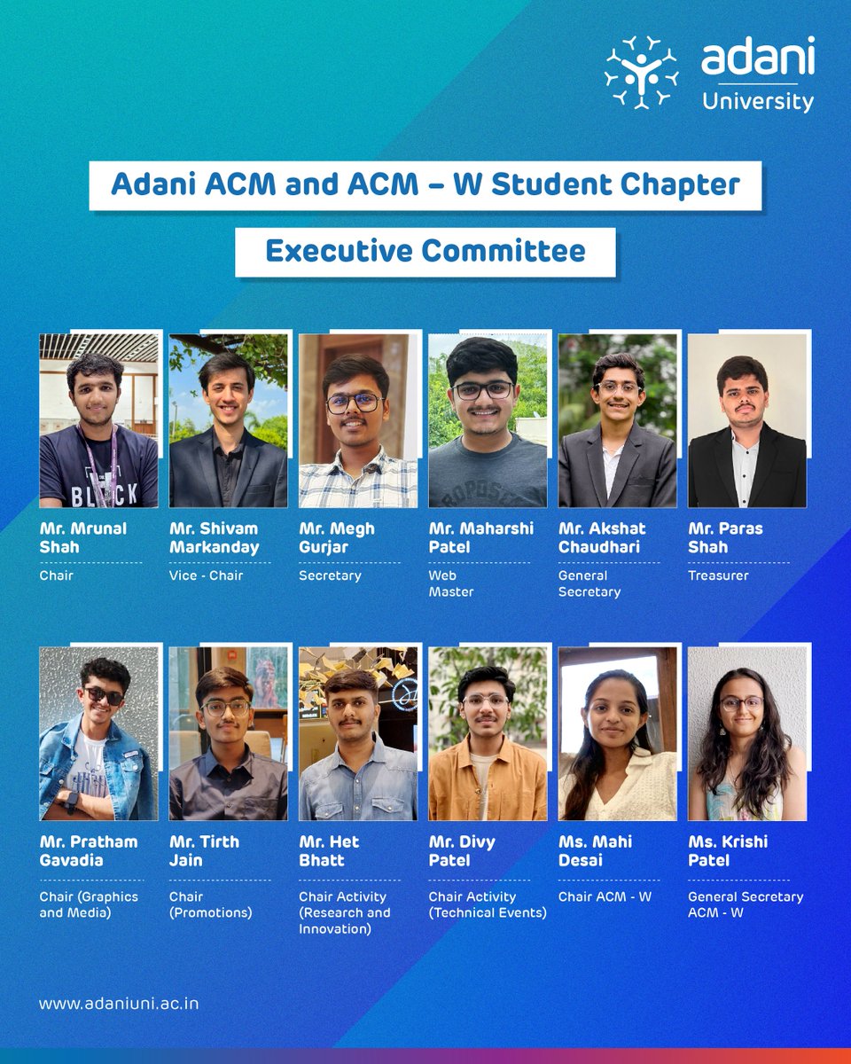 AdaniUniversity's tweet image. 🎉Meet the newly elected Executive Committee of Adani ACM & ACM-W Student Chapter!
From innovation to inclusion, this vibrant team is ready to lead, inspire, and elevate our tech community. 💻🚀
#AdaniUniversity #ACM #ACMW #TechLeaders #StudentChapter #WomenInTech