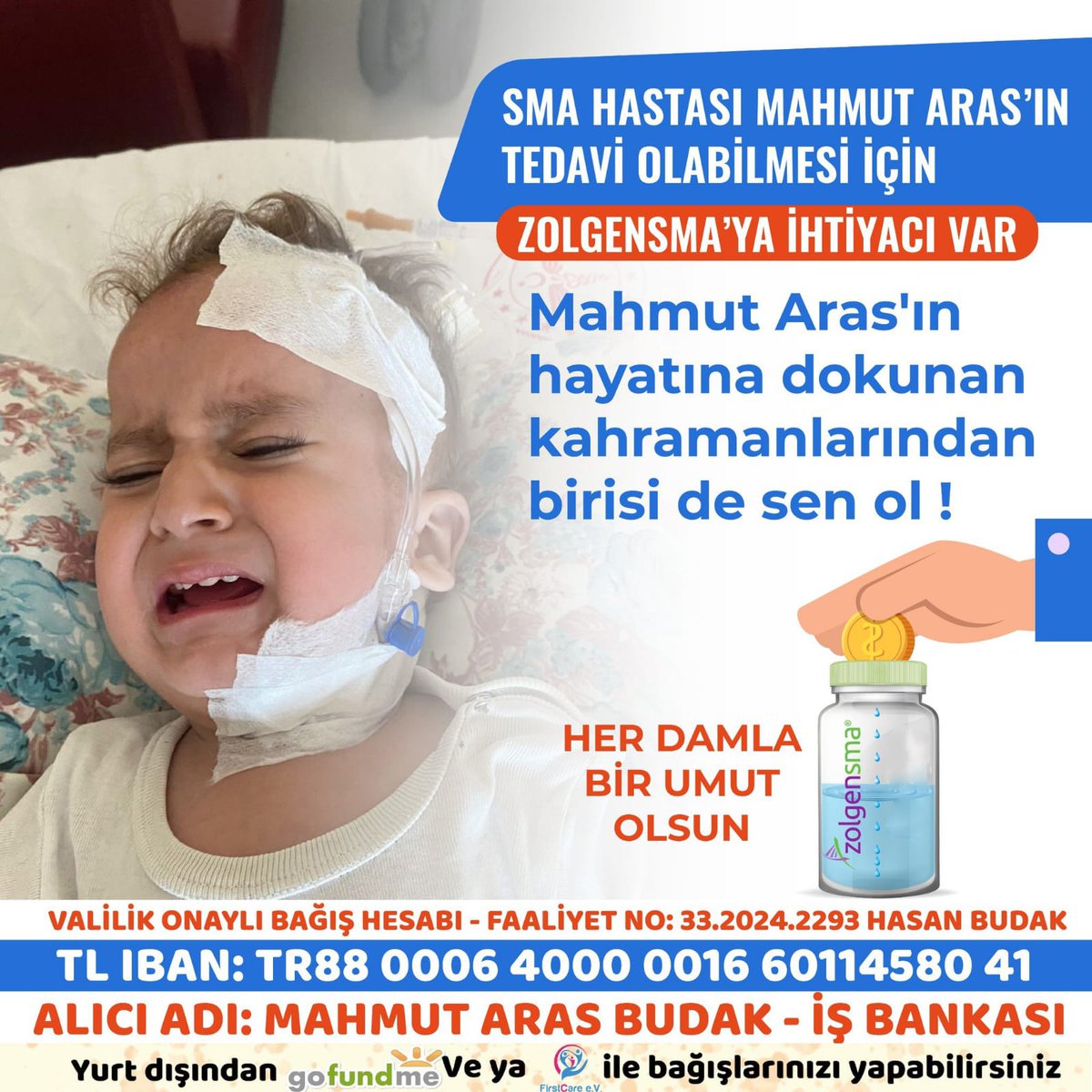 DMD_Senol_Berk's tweet photo. Yaşamak için Zolgensma Gen Tedavisine ihtiyacı var. 

Ona ulaşmak için de senin yardımına ihtiyacı var.

Yardım eder misin? 

🤲❤️😓 https://t.co/L0MnbNGRAV