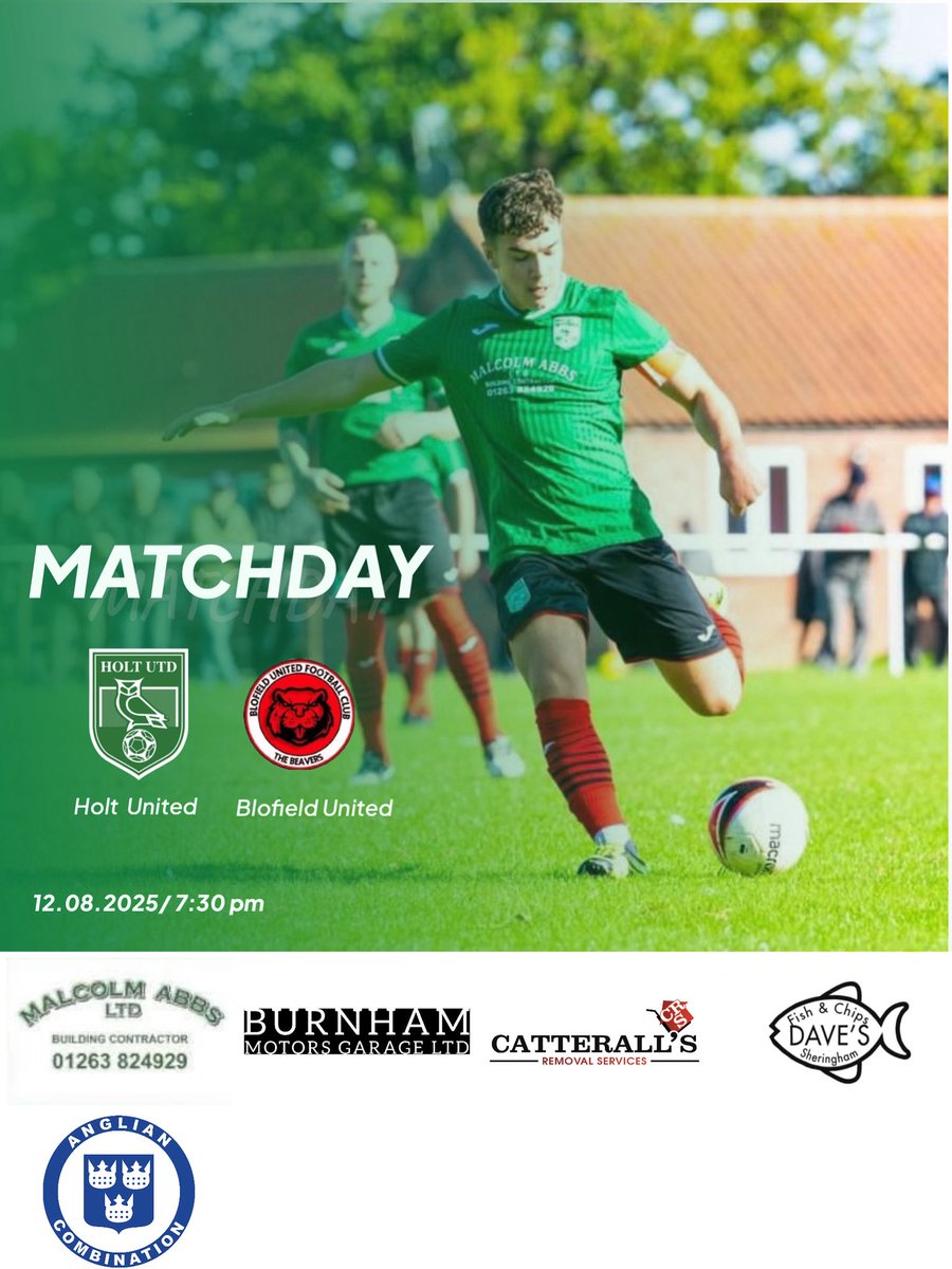🦉💚 MATCHDAY! 💚🦉

Tonight the First Team kick off their league campaign!
🆚 Blofield United
📍 Woodfield Road, NR25 6TX
⏰ 7:30pm Kick Off
💷 Entry Fee £2

A big thank you to Bryan Owen for sponsoring tonight’s match 🙌

#HoltUnited #UpTheOwls #Matchday #grassrootsfootball