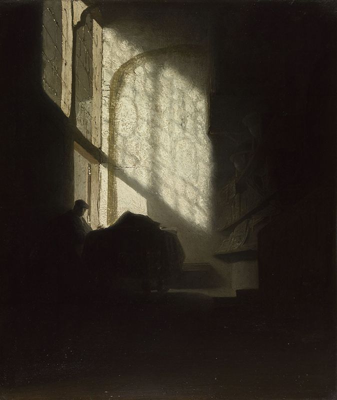 Puede que pienses en Platón al ver a este erudito, en su caverna, “melancólico, perdido en su pensamiento”, enfrascado en el estudio de la ciencia o la filosofía.
También podrías #EmocionArte si lo imaginas bendecido por la luz cenital que ilumina su camino. 

A Man seated