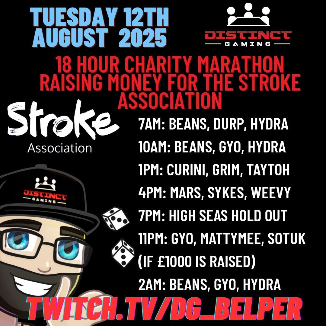 DG_Belper's tweet image. I am Live right now and raising money for The Stroke Association in memory of a friend of the DG shop community Andy Greville. He is the DreadHeaded Gamer, and today I sail in his honour.
Giveaways at regular milestones, so let's get raising!
#charity #tiltify #twitch…