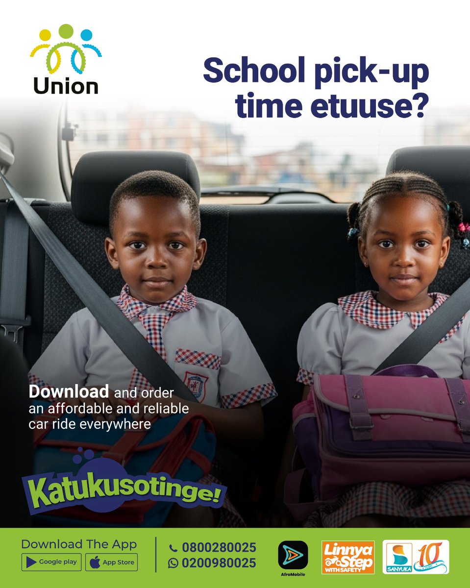SalamTvUG's tweet photo. Still stuck at work? Are you wondering how to pick up the little ones on time? Katukusotinge! Just download the Union Let’s Go App, enter the school's location and their destination, and you'll be connected with a reliable Unioncar at a fair price.
#UnionLetsGoApp #SalamUpdates https://t.co/G9eSqGefqz