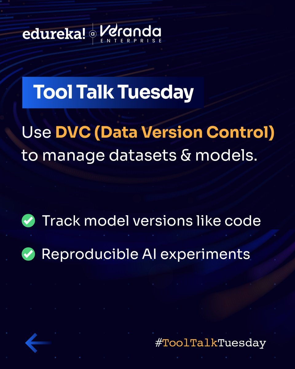 edurekaIN's tweet image. Git is for code. DVC is for models and datasets. Keep your AI projects clean, collaborative, and reproducible.
#ToolTalkTuesday #AIWorkflow #DataVersioning #DVC
#Edureka #RidiculouslyCommitted #TeamEdureka #LearnWithEdureka #Upskilling #Onlinelearning #Onlinecertification