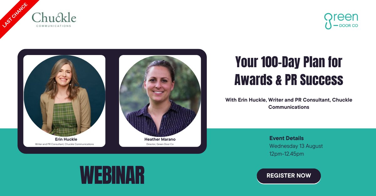 GreenDoor_Co's tweet image. Ready to finish 2025 with a win? 🚀 Join us for a free 45-min webinar and get your “bare minimum” plan for awards and PR sorted—fast, simple, actionable! 

Wed 13 Aug, 12pm AEST  
Free + replay included

Register now: hubs.ly/Q03Ch-qL0
#PRandAwards #BusinessMomentum
