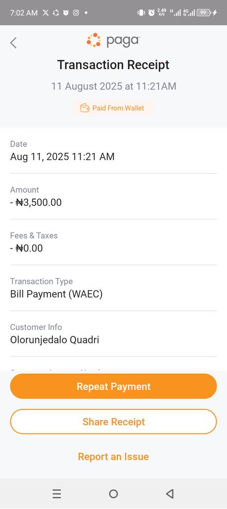 QuadriRahmon2's tweet photo. @mypagacare Good morning. I bought Waec results checker on my account yesterday but am yet to receive it. https://t.co/gZ5xbaPF11