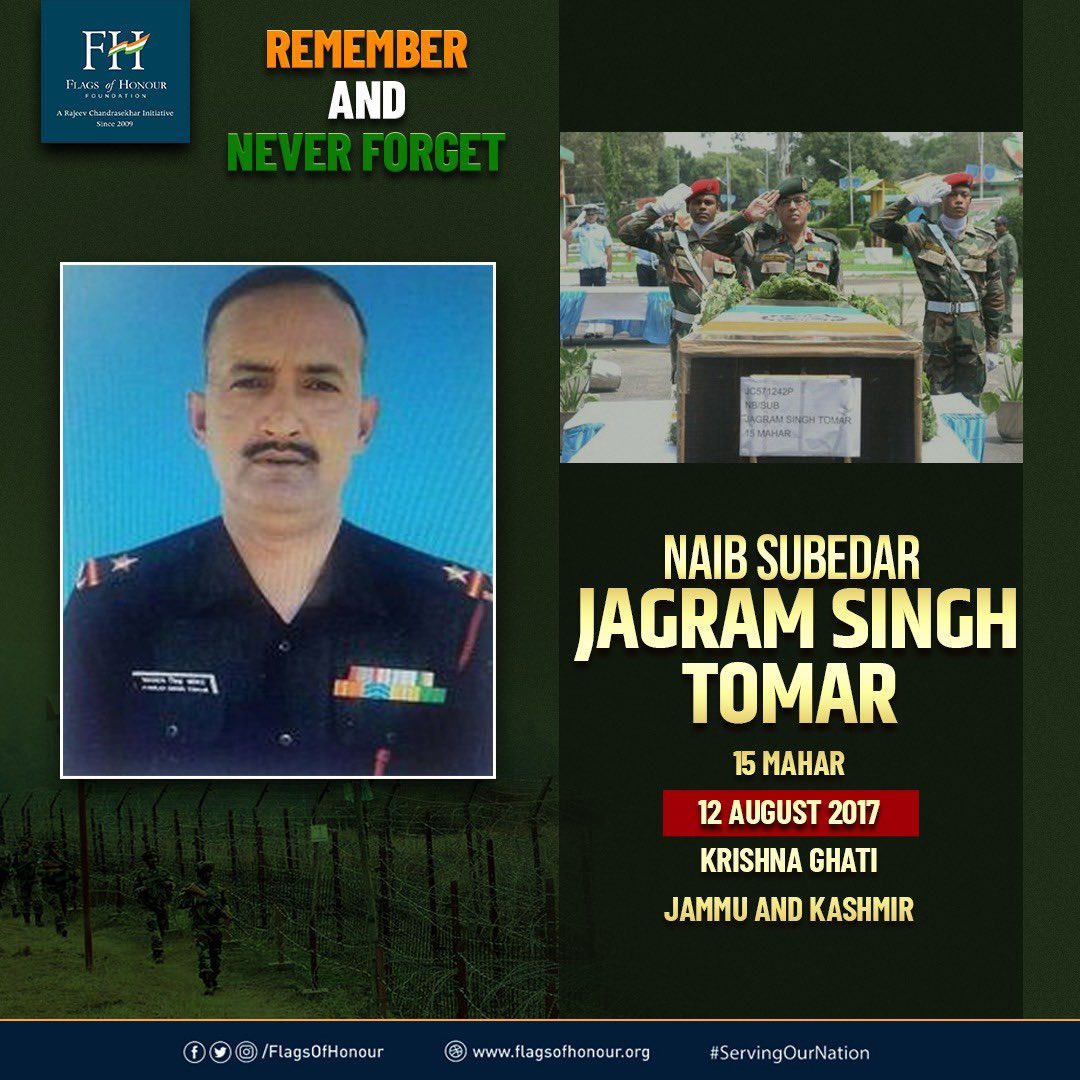 Naib Subedar Jagram Singh Tomar, 15 MAHAR lost his life in a ceasefire violation by Pakistan in Krishna Ghati Sector, Jammu and Kashmir #OnThisDay 12 August 2017 

#RememberandNeverForget his supreme sacrifice #ServingOurNation