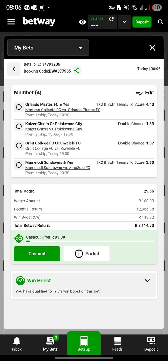 Selbybopape's tweet photo. I just placed a bet with Betway. Tap here to copy my bet or search for this booking code in the Multi Bet betslip BWA377965 https://t.co/XR5c0ZO0tD https://t.co/dORSLak9Im