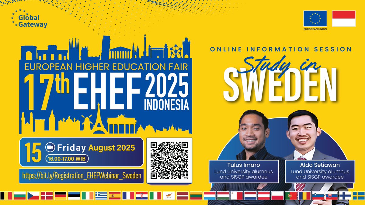 Missed the last EHEF webinar? 

We are back with another, all about Sweden 🇸🇪 Join Steady in Study, Live and Learn the Swedish Way and explore unis, fika, Northern Lights, and more 🌅❄️ Fri 15 Aug | 16:00 WIB.

Register at: bit.ly/Registration_E…