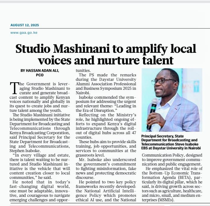 Directorate of Public Communications (@dpubliccomms) on Twitter photo The government is leveraging Studio Mashinani to Curate and generate broadcast content to amplify Kenyan Voices nationally and globally in its quest to create jobs and nature talent among the youth.
<a href="/MoICTKenya/">Ministry of Info, Comms & The Digital Economy KE</a>
<a href="/moyasa_ke/">Min. of Youth Affairs, Creative Economy & Sports</a>
<a href="/SpokespersonGoK/">Spokesperson GoK</a>
<a href="/MyGovKe/">My Gov</a>
<a href="/KBCChannel1/">KBC Channel 1 News</a> The government is leveraging Studio Mashinani to Curate and generate broadcast content to amplify Kenyan Voices nationally and globally in its quest to create jobs and nature talent among the youth.
<a href="/MoICTKenya/">Ministry of Info, Comms & The Digital Economy KE</a>
<a href="/moyasa_ke/">Min. of Youth Affairs, Creative Economy & Sports</a>
<a href="/SpokespersonGoK/">Spokesperson GoK</a>
<a href="/MyGovKe/">My Gov</a>
<a href="/KBCChannel1/">KBC Channel 1 News</a>