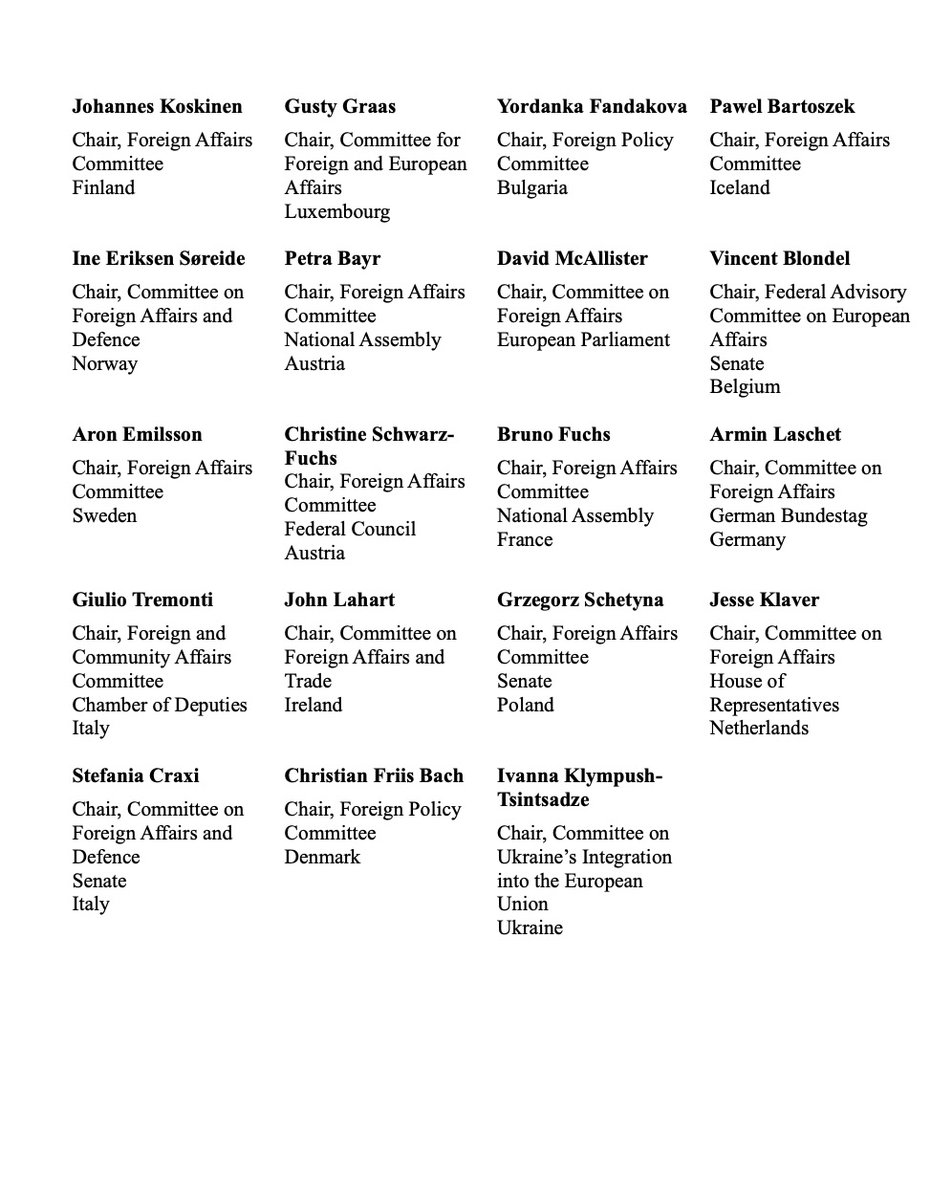 27 Foreign Affairs Committee Chairs from 22 European countries stand united on Ukraine🇺🇦:
     ✅ No reward for Russian aggression
     ✅ Ukraine’s sovereignty and territorial integrity are non-negotiable
     ✅ Nothing about Ukraine without Ukraine
     ✅ Alaska talks must