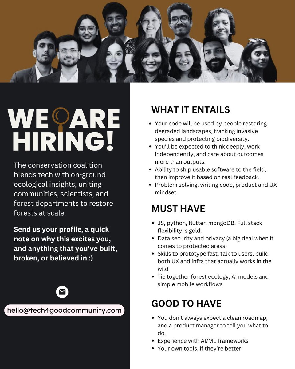 Tech_4Good's tweet image. Love code as much as canopies? Join our Conservation Engineering team. 

Hit us up at hello@tech4goodcommunity.com if you&apos;re interested.

#HiringAlert #Conservation #EngineeringJobs #ConservationTech #Tech4GoodCommunity