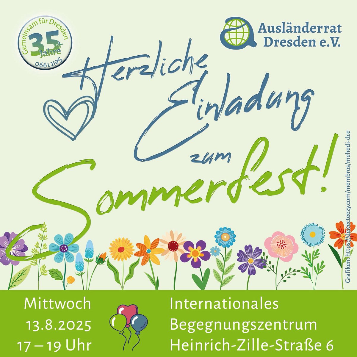 Liebe Freundinnen und Freunde,
wir laden Euch und Sie herzlich zu unserem Sommerfest am Mittwoch, dem 13.8.2025 ab 17 Uhr in den Garten des Internationalen Begegnungszentrums auf der Heinrich-Zille-Straße 6 ein. Lasst uns in angenehmer Atmosphäre gemeinsam den Abend verbringen.