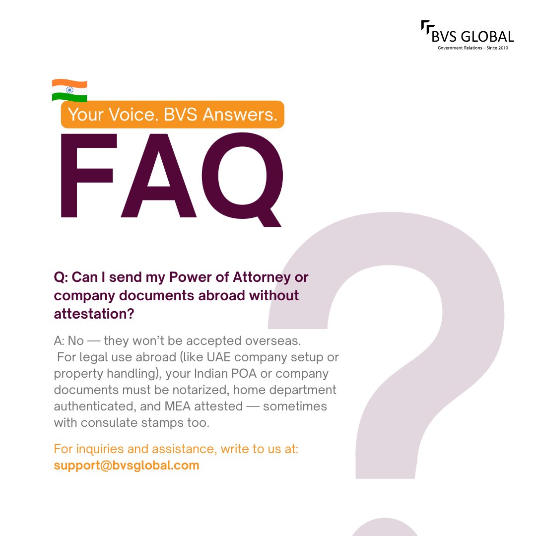 BvsGlobal's tweet image. Sending a POA or company docs abroad?
Notarisation alone isn’t enough.
You also need:
 📌Home dept clearance
 📌MEA attestation
 📌Sometimes consulate stamps
Miss a step = rejection.
#AskBVS #BVSGlobal #WeekendFAQs #DocumentAttestation #IndiaToUAE #GlobalCompliance