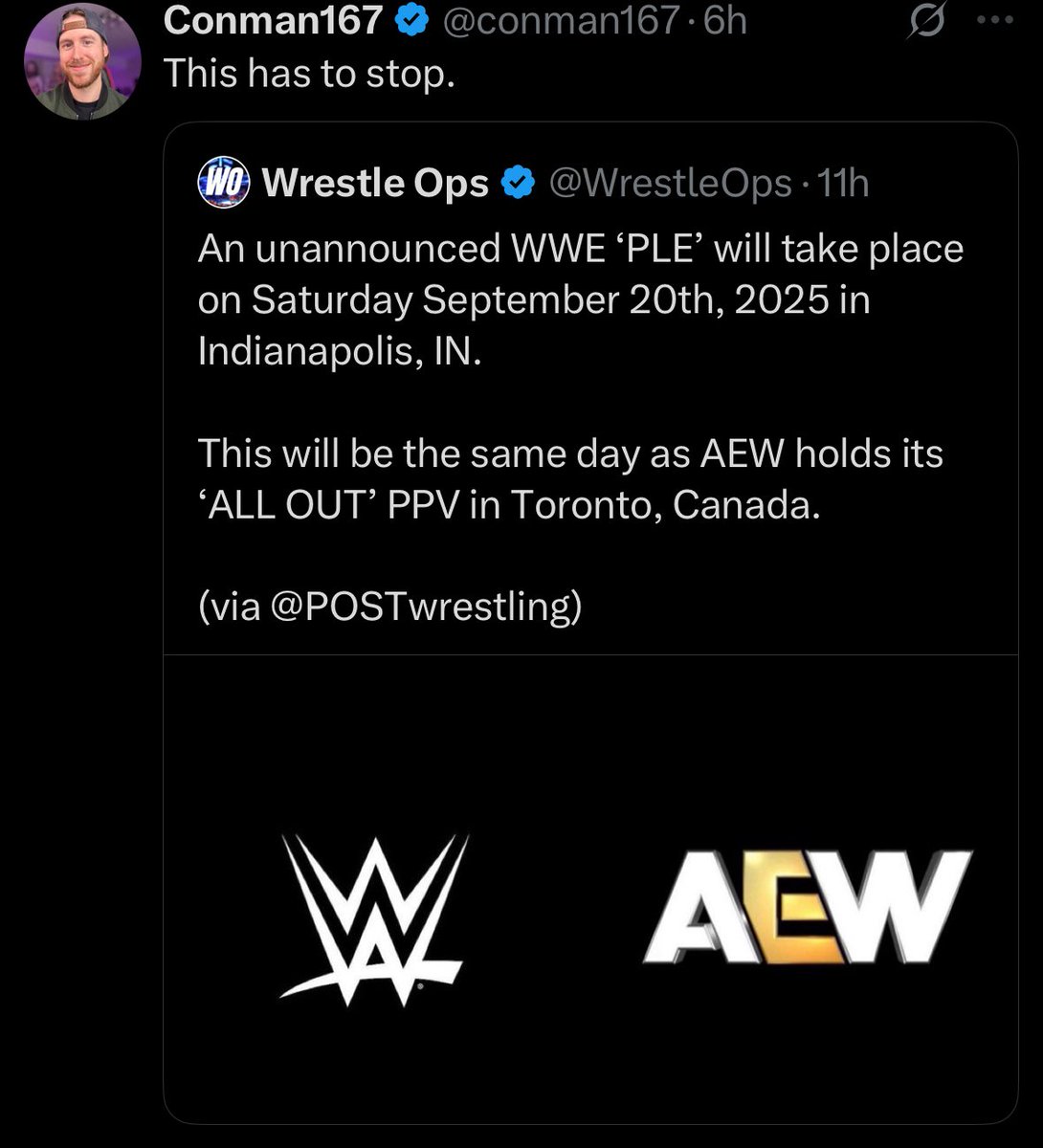 “This has to stop.” Why ? Because bro is going to All Out. And not watching a WWE PLE live will hurt is revenue. He’s not worried about the fans or the business. He’s worried about his income.