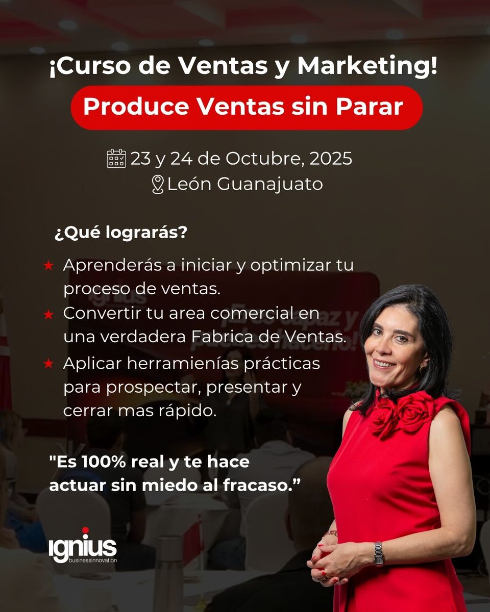anaignius's tweet photo. ¡Convierte tu área comercial en una Fábrica de Ventas, este 23 y 24 de octubre en León, Gto!
Aprende a prospectar, presentar y cerrar + rápido con estrategias probadas. 
Incluye: Libro de trabajo práctico y guía de Prospección Diamante
Cupo limitado
Regístrate: info@ignius.com.mx https://t.co/Uq8u6pnvAm