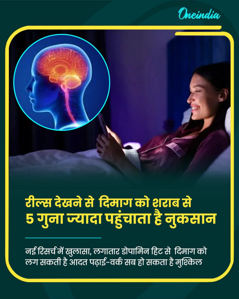 oneindiaHindi's tweet image. रील्स देखने से  दिमाग को शराब से 5 गुना ज्यादा  पहुंचाता है नुकसान

नई रिसर्च में खुलासा, लगातार डोपामिन हिट से  दिमाग को लग सकती है आदत पढ़ाई-वर्क सब हो सकता है मुश्किल

#BrainDamage #ShortVideoAddiction #DigitalDetox #Reels #TikTok #MentalHealt