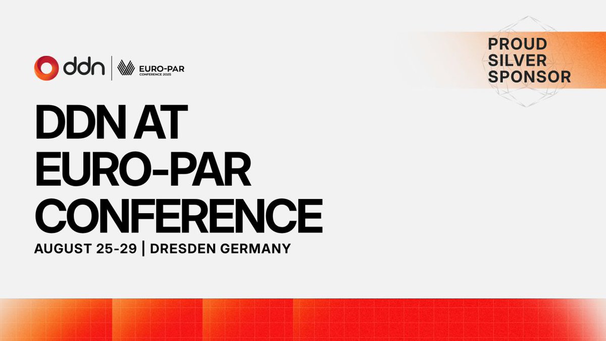 DDNintelligence's tweet photo. DDN is gearing up for Euro-Par 2025. Come meet us in Dresden! 

The 31st International European Conference on Parallel and Distributed Computing brings together top researchers, practitioners, and industry leaders to explore the latest in HPC — from architectures and compilers to large-scale systems and real-world applications.

DDN will be there as a Silver Sponsor, represented by Joerg Heydemueller and Jean-Thomas Acquaviva.

📅 August 25–29
📍 Dresden, Germany

Come meet our team and see how DDN powers the world’s most demanding parallel and distributed computing workloads.