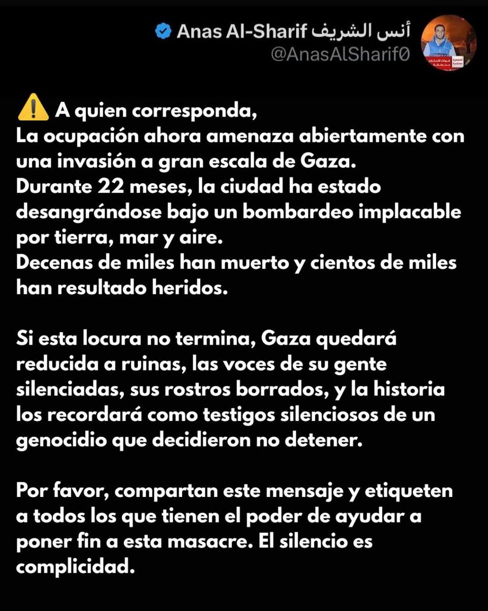 Julio_Rodr_'s tweet photo. Bdía,
Israel asesina a todo el equipo de Al Jazeera en la ciudad de #Gaza.
Los periodistas (238 asesinados) siguen siendo un objetivo, para silenciar sus voces antes de la ocupación de #Gaza.
La complicidad y el silencio de la UE, una #vergüenza.
#NeverStopTalkingAboutGaza https://t.co/i2F3laq6Ng