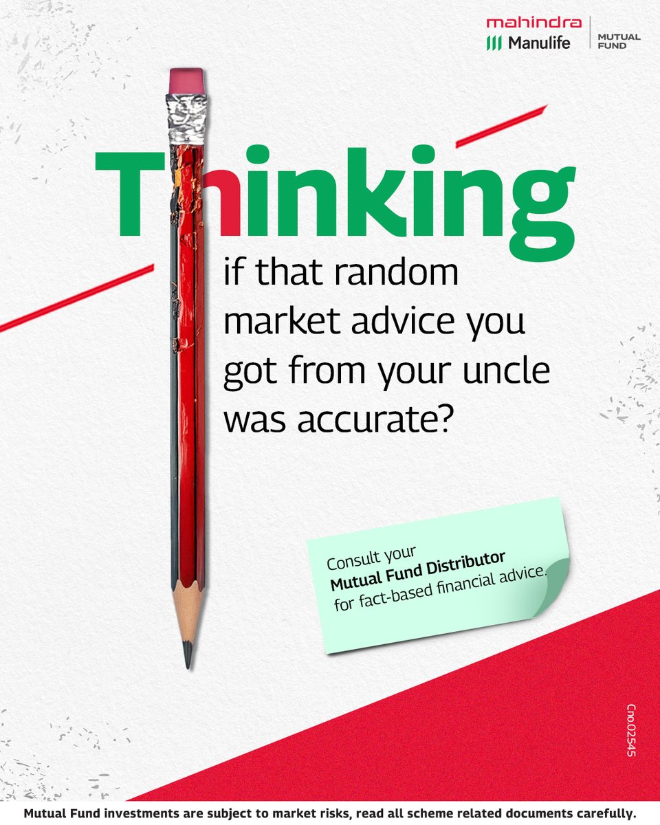 MahindraMMF's tweet image. Receiving unsolicited tips can make you overthink. Verify your tip by consulting a Mutual Fund Distributor.

#MahindraManulifeMutualFund #MFD #MutualFundDistributor #SIP #MutualFunds #VerifyTip #MarketAdvice