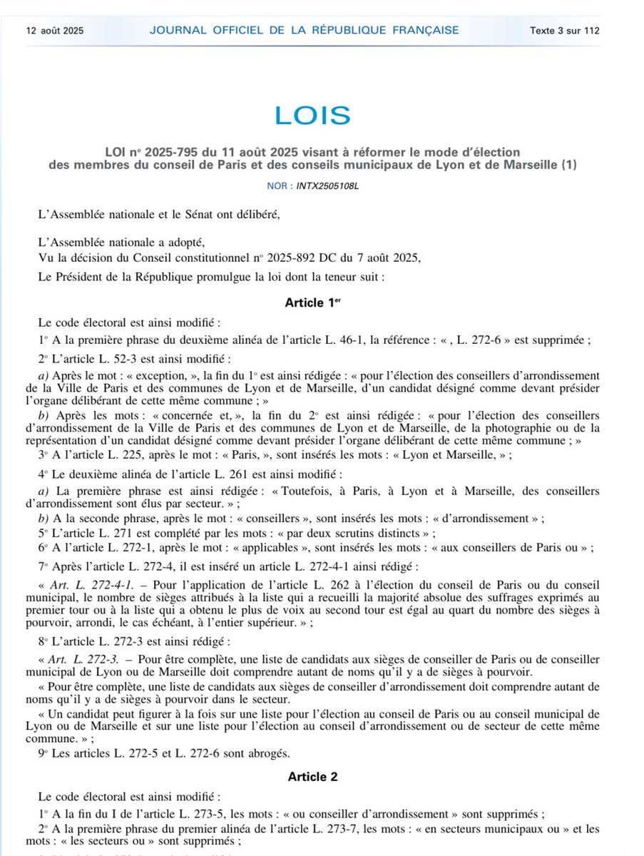 C’est fait ! Avec la promulgation de notre texte #PLM réformant le mode de scrutin, publiée ce matin au Journal Officiel, désormais la loi sera :

1 Parisien = 1 voix
1 Lyonnais = 1 voix
1 Marseillais = 1 voix