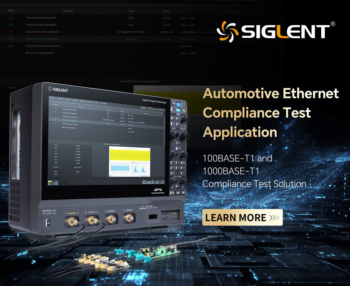 SIGLENT’s Automotive Ethernet Compliance Test solutions offer reliable validation for 100Base-T1 and 1000Base-T1 standards. Tests include clock, transmitter, return loss, mode conversion and drop testing. Siglent can also provide the FX-AMETH fixture kit. Learn more: