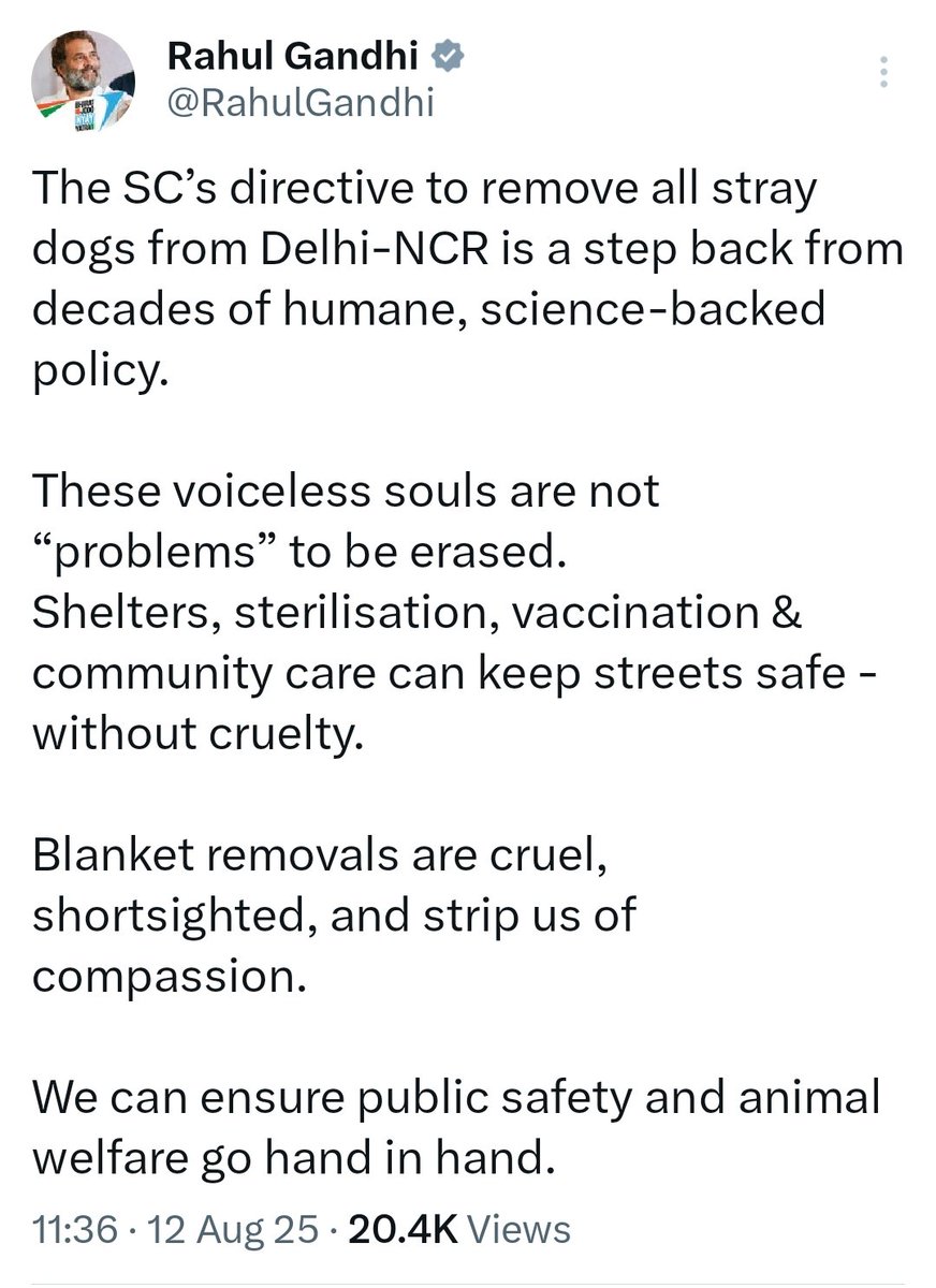 pankhuripathak's tweet photo. In India we don't expect politicians to speak  for those who don't have votes, let alone for #straydogs .

But @RahulGandhi is no ordinary politician. 
He is the voice of empathy, of the downtrodden, of the voiceless.

Thank you RG ! https://t.co/Os2qTLFIdD