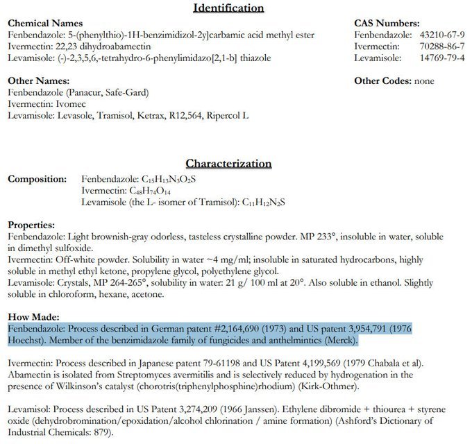 Fenbendazole has been off patent since 1996!

That's why the Cancer Drug Cartel hates it and hates all Stage 4 Cancer patients who use it 🤔

Folks, this is why we get attacked every day. 🤫

"German patent #2,164,690 (1973) and US patent 3,954,791 (1976 Hoechst)"

"The core