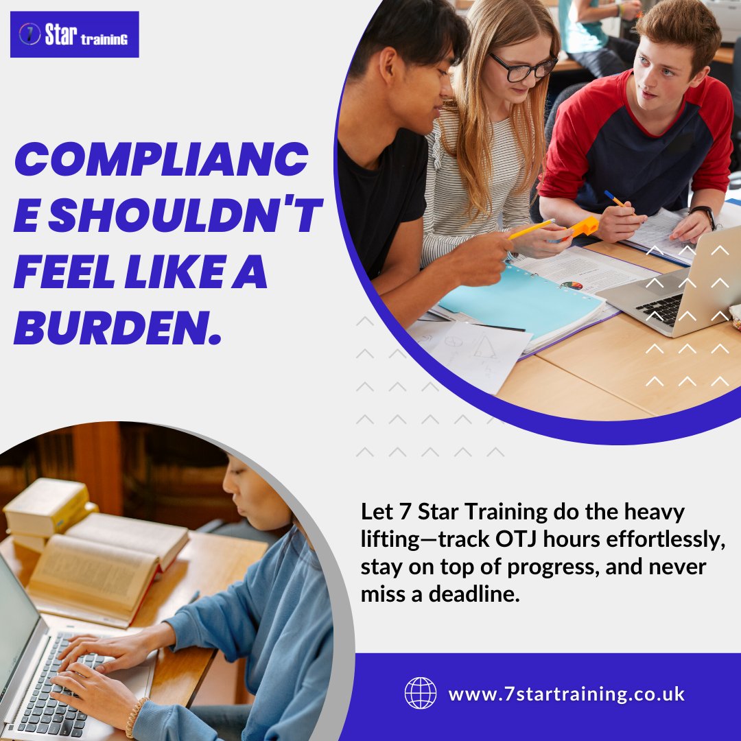 7StarTraining's tweet photo. Compliance made easy! ✅ Track OTJ hours, monitor progress &amp; never miss a deadline with 7 Star Training. 
Start today: https://t.co/In1AUuiTjU

#OTJTracking #ComplianceMadeEasy #TrainingTracker #7StarTraining https://t.co/lFX34CRpM9