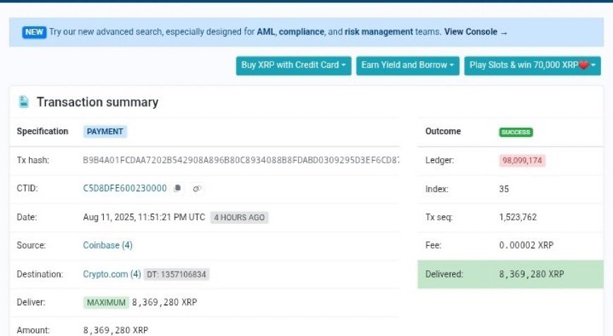 🚨🔥 MASSIVE MOVE on the XRPL!
8,369,280 $XRP just shifted from Coinbase → Crypto.com 🚀💥
Something BIG is brewing… liquidity is on the move
