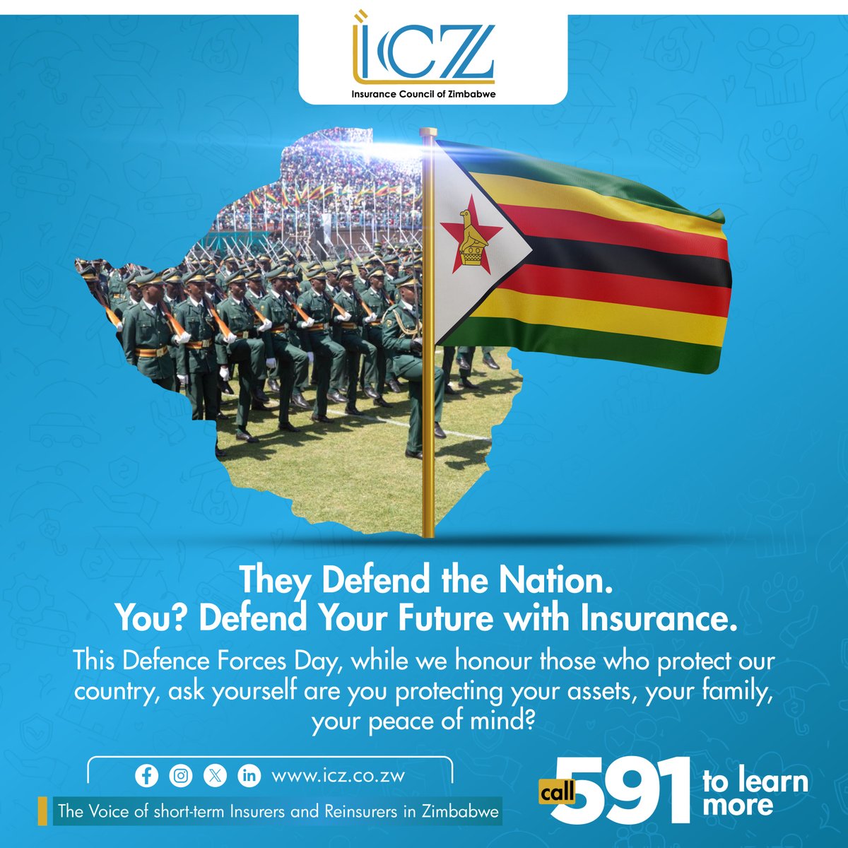 As our Defence Forces protect the nation, protect your future with insurance.🇿🇼 This Defence Forces Day, secure your assets, your family, and your peace of mind. 
#DefenceForcesDay #ICZ #ProtectWhatMatters