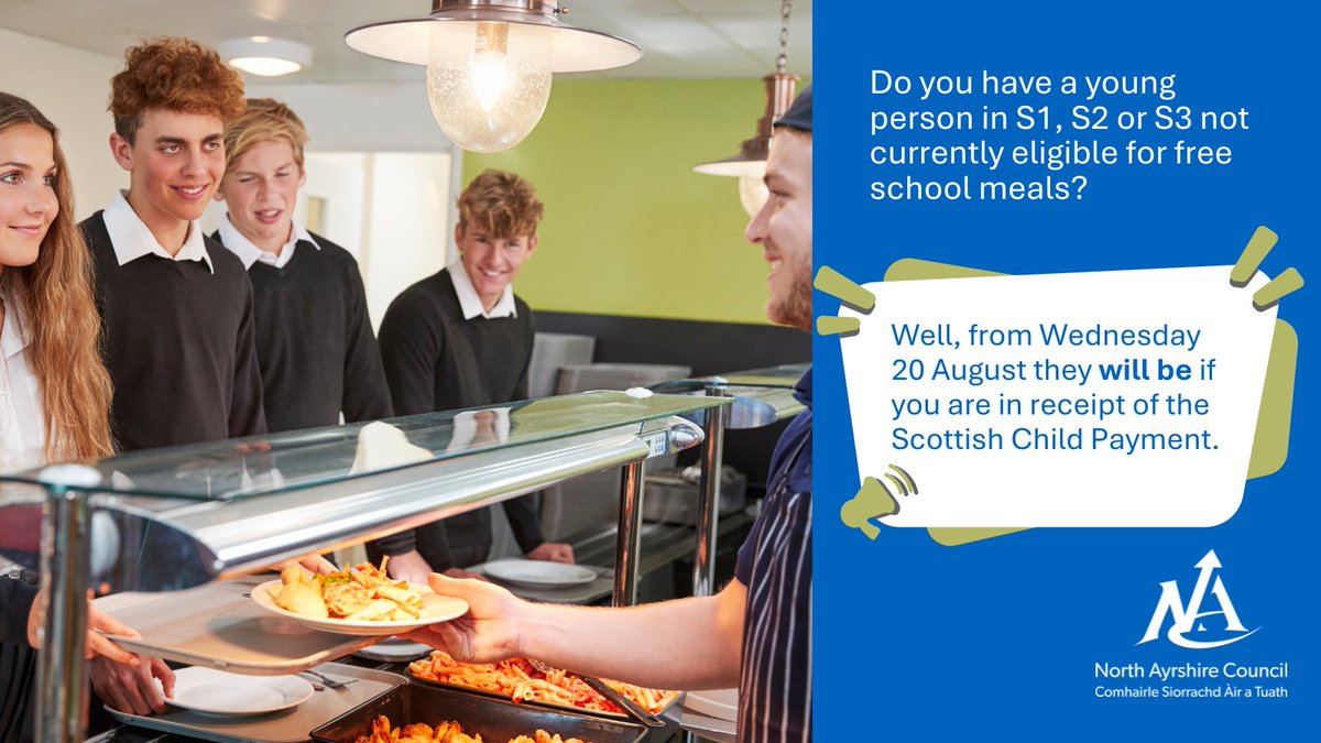 📣 North Ayrshire Council is proud to be one of eight pilot local authorities to receive temporary funding that will now see the free school meals expansion include S1 to S3 school pupils in all nine of our secondary schools, meaning that even more young people across North