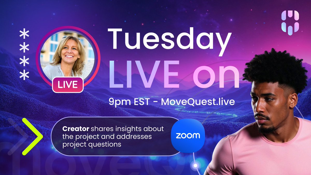 MoveQuestMQT's tweet image. 🎥 Today at 9 PM EST - We’re LIVE on Zoom  Get the inside scoop straight from the creator 📷 What MoveQuest is building and why it matters.  📷 Link: MoveQuest.live #MoveQuest #LiveOnZoom #Web3Builders #KeepMoving #Move2Earn

Tuesday 12th August