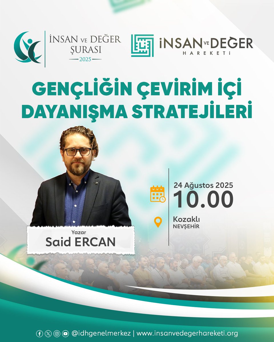 🔍 Düşünce, direniş ve inşa ekseninde; Gazze’den Suriye’ye, bilgi çağından yapay zekâya uzanan çok yönlü başlıklarla buluşuyoruz.

💠 Fikir öncülerinin katkılarıyla, ümmet bilinci ekseninde yol haritamızı birlikte konuşacağız.

🌐 insanvedegerhareketi.org
📱 <a href="/idhgenelmerkez/">İnsan ve Değer Hareketi</a>