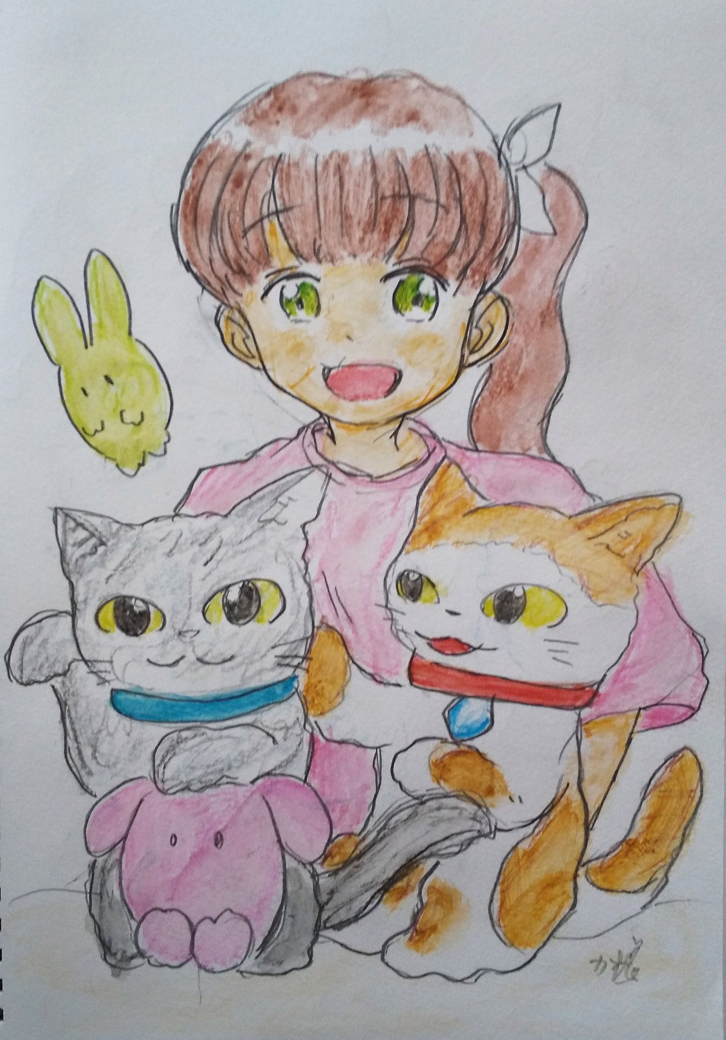 絵画。原画手描【きれいなグラスの中にいる2匹のかわいい猫ちゃん】 原画「仲良しさくらねこのいる桜咲く丘」 F10号 #絵画 #ねこ