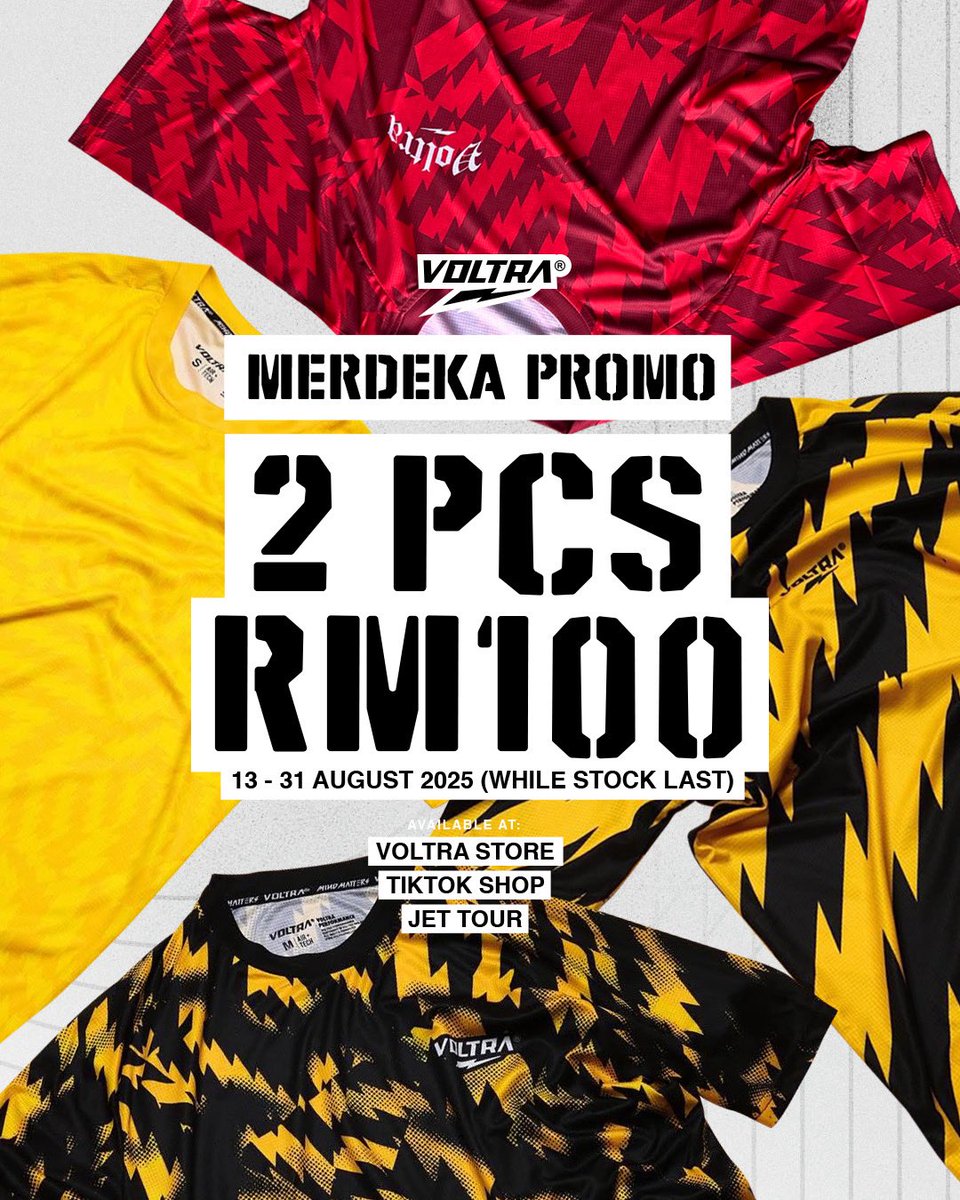 MERDEKA PROMO
2 pcs Voltra running tee for only RM100
Starts tomorrow at 12pm
13 – 31 Aug 2025 (while stocks last)

Available at:
1. VOLTRA Store KL
2. TikTok Shop (voltra.store)
3. JET Tour (Southern, SIngapore &amp; Borneo)

First come first served basis
Don’t miss out