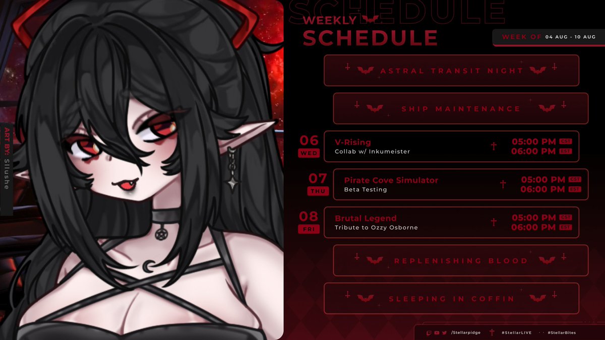 This Week's Schedule! Astral Transit, Darkness Within &amp; a New D&amp;D Campaign are coming back this week! Gaming with Inku this Wednesday, beta testing a new game on Thursday, and then continuing with Brutal Legend this Friday!

︶♱︶︶♱︶︶♱︶︶♱︶︶♱︶︶♱︶︶♱︶