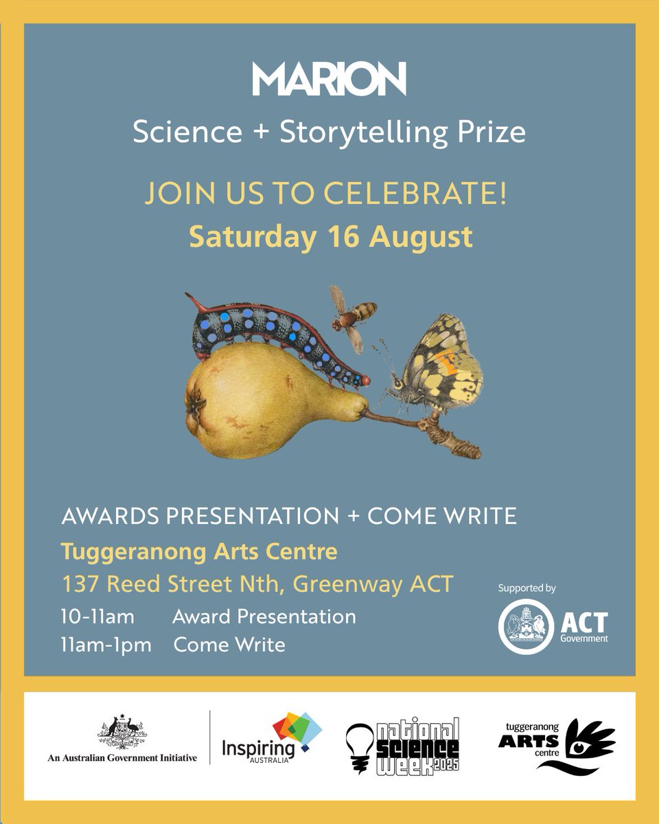 marion_writers's tweet image. Join us to celebrate the results of the MARION Science + Storytelling Prize Awards this Saturday 16 August at @TuggArtsCentre!  Stay on for August Come Write!

This is a free event, but registration is essential: events.humanitix.com/2025-marion-sc…

#ScienceWeek #ScienceWeek2025