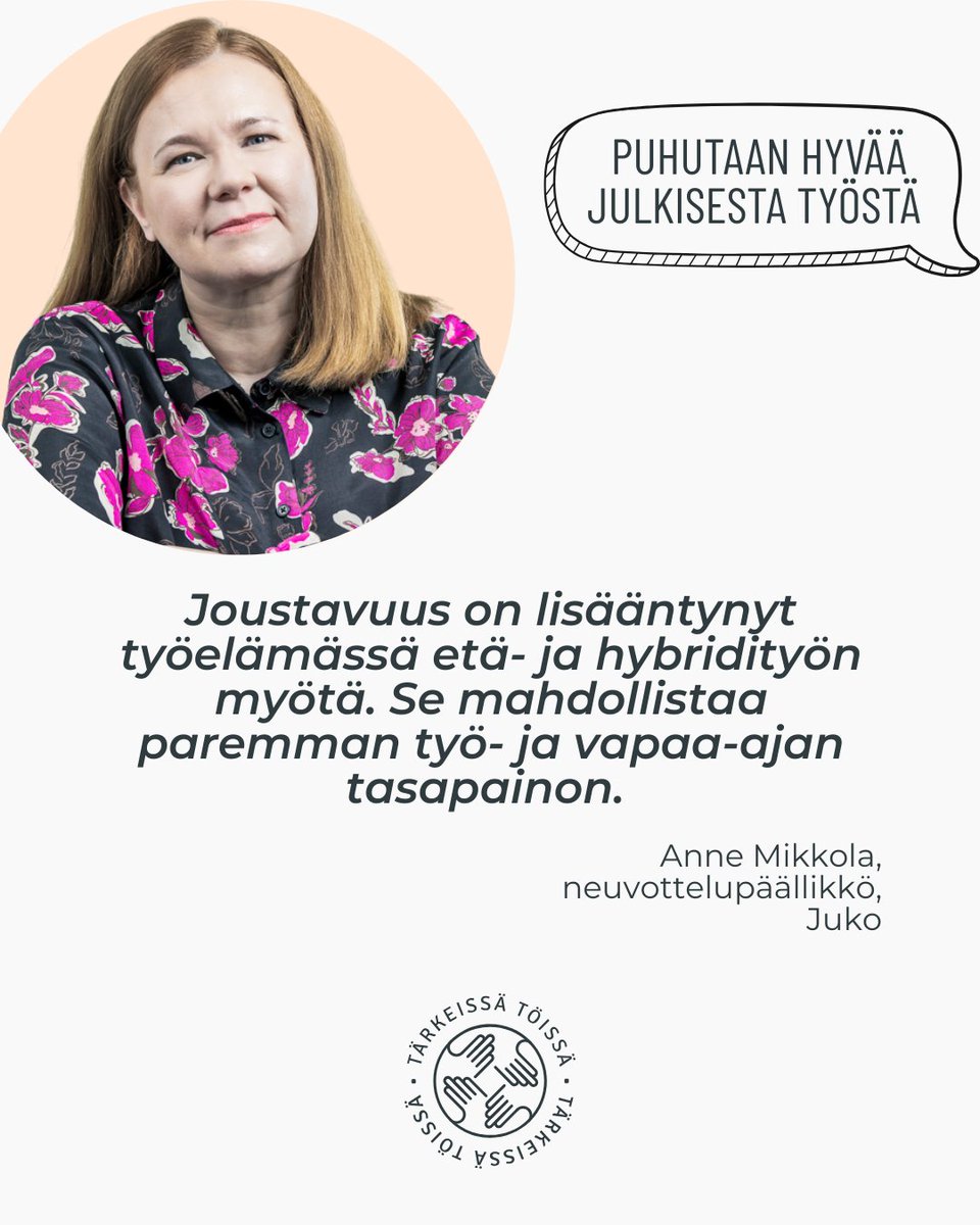 Mikä on muuttunut työelämässä paremmaksi?

💬 <a href="/JUKOry/">Julkisalan koulutettujen neuvottelujärjestö JUKO</a> Anne Mikkola nostaa esiin:
✅ Etä- ja hybridityö lisäävät joustoa
✅ Työhyvinvointi säilyy, epävarmuudesta huolimatta
✅ Merkityksellinen työ antaa voimaa
✅ Nuorten kysymykset kertovat kiinnostuksesta

Mikä ilahduttaa sinua