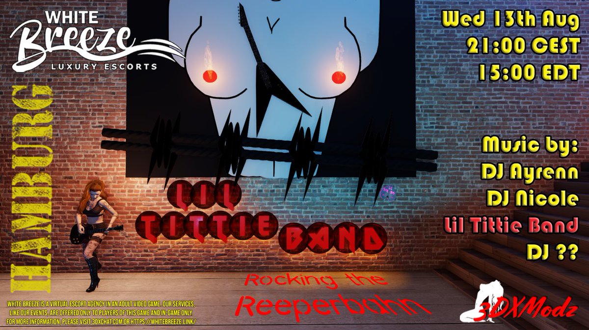 WHITEBREEZE - HAMBURG ROCK'S
Wed, Aug 13th, 9:00 PM - Thu, Aug 14th, 1:00 AM
Good music, a great atmosphere our delightful virtual Escort ladies await you. Special appearance: Lil Tittie Band
bunnybot.web.app/id/yO3pAPq2c8x…